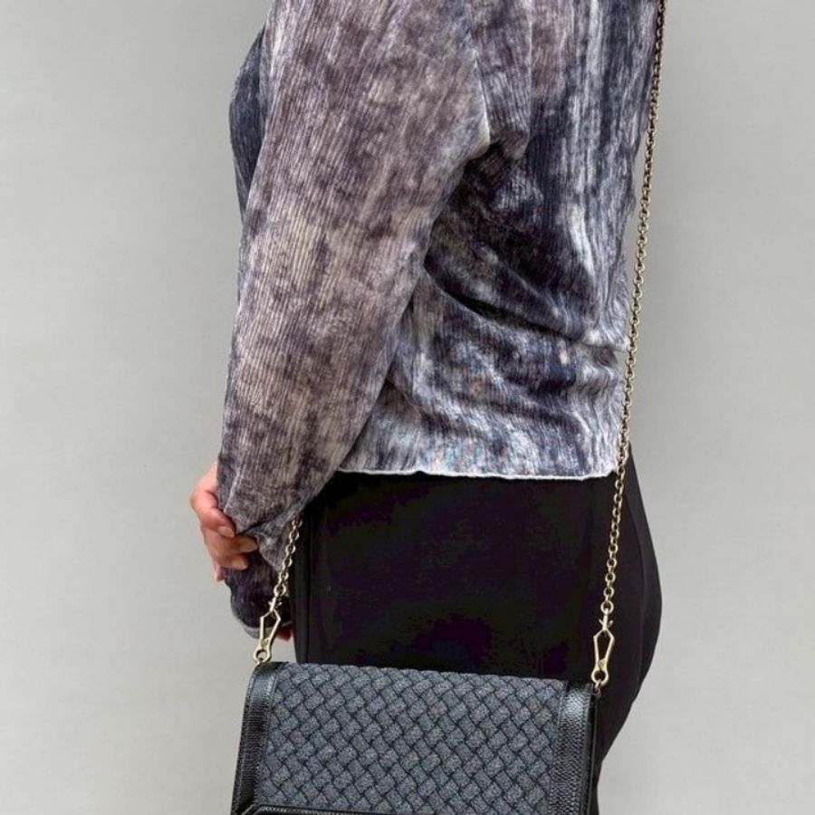 Bottega Veneta 黑皮革邊灰布蓋 古銅鍊帶小包-2