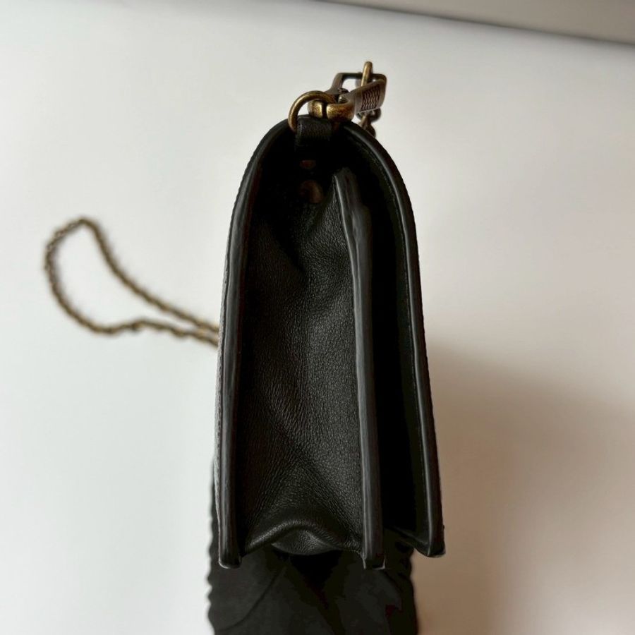 Bottega Veneta 黑皮革邊灰布蓋 古銅鍊帶小包-12