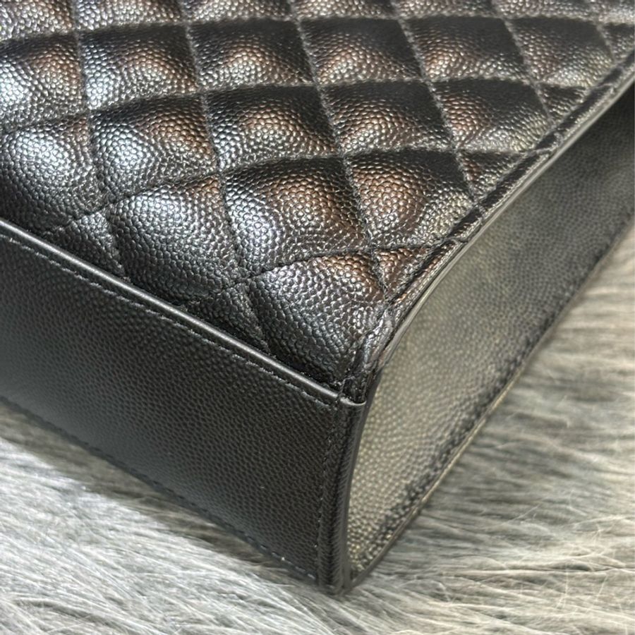 YSL 487198 黑 魚子醬 全皮 V紋 菱格紋 黑鍊 logo 學院包 肩背包 斜背包 手提包 側背包 兩用包 公事包-9