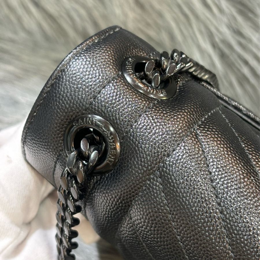 YSL 487198 黑 魚子醬 全皮 V紋 菱格紋 黑鍊 logo 學院包 肩背包 斜背包 手提包 側背包 兩用包 公事包-13