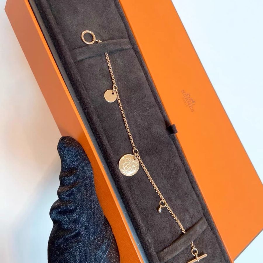 閒置品 Hermes/愛馬仕 18K玫瑰金 單鑽 藏書章 Ex-Libris 手鍊-1