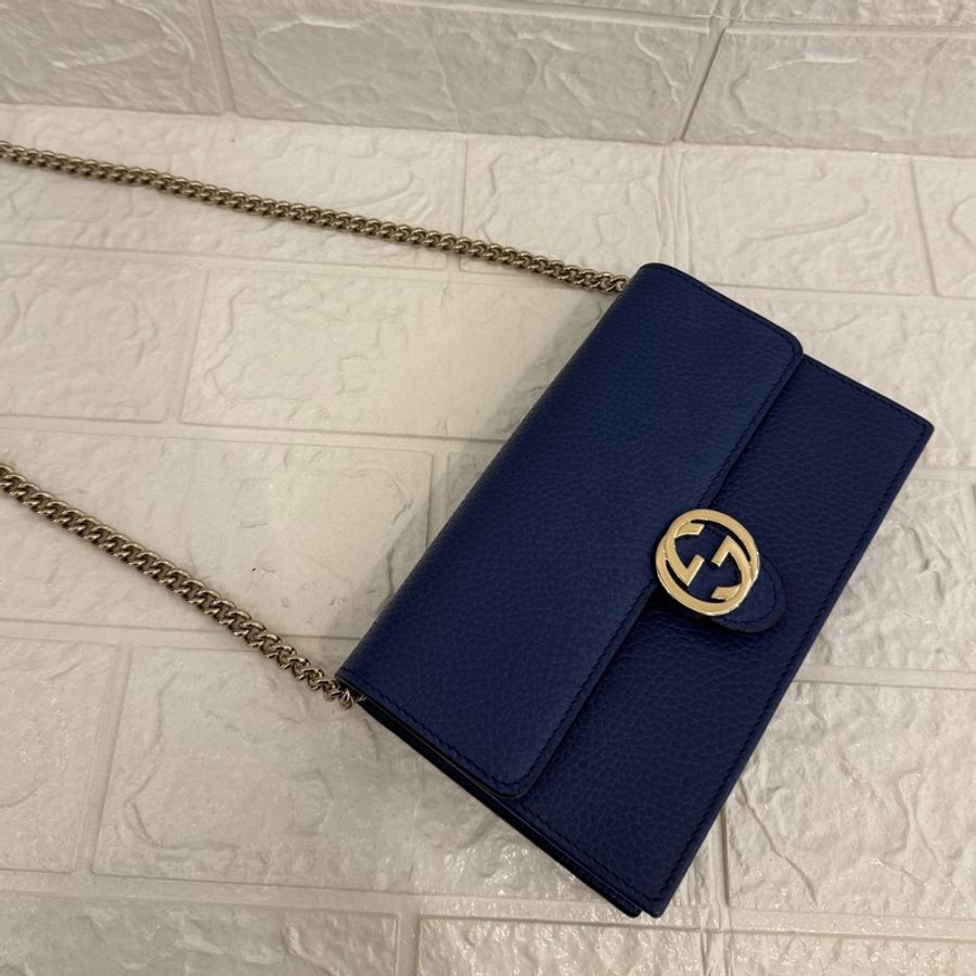 GUCCI藍皮革銀logo woc鏈包-0