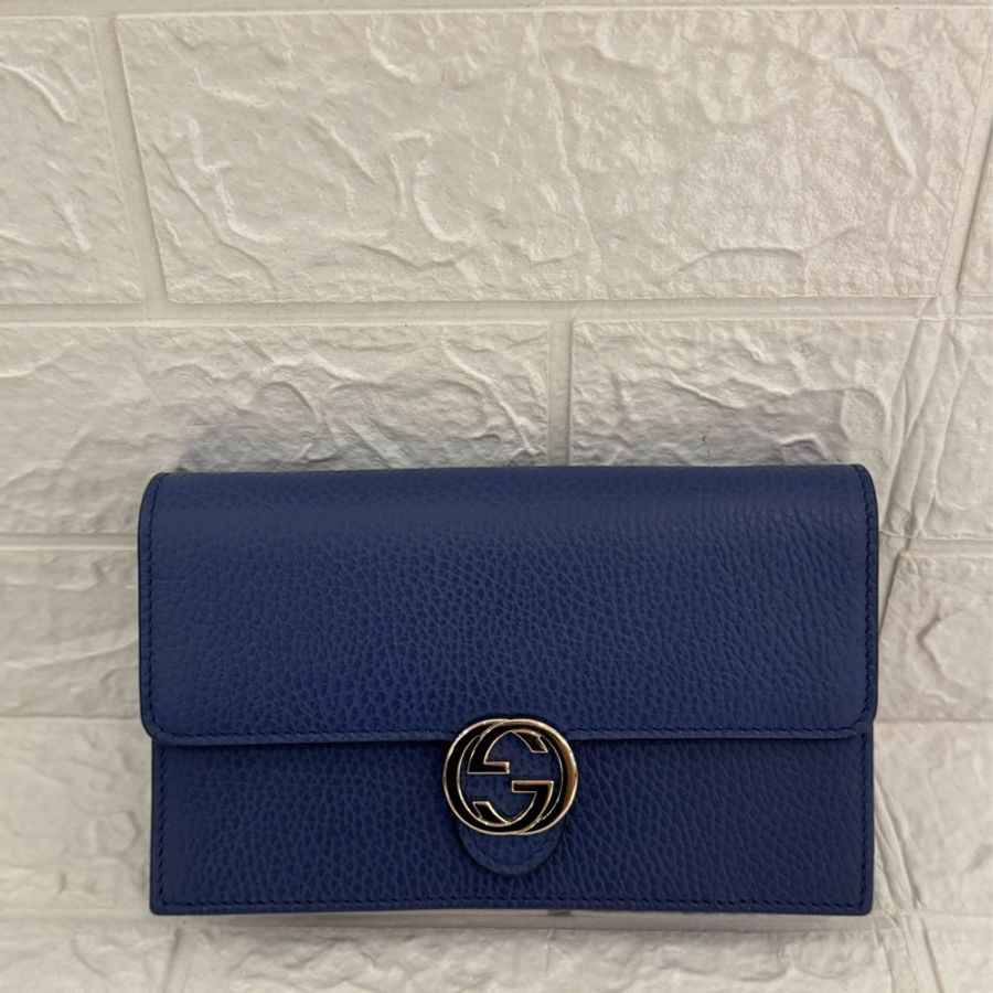 GUCCI藍皮革銀logo woc鏈包-2