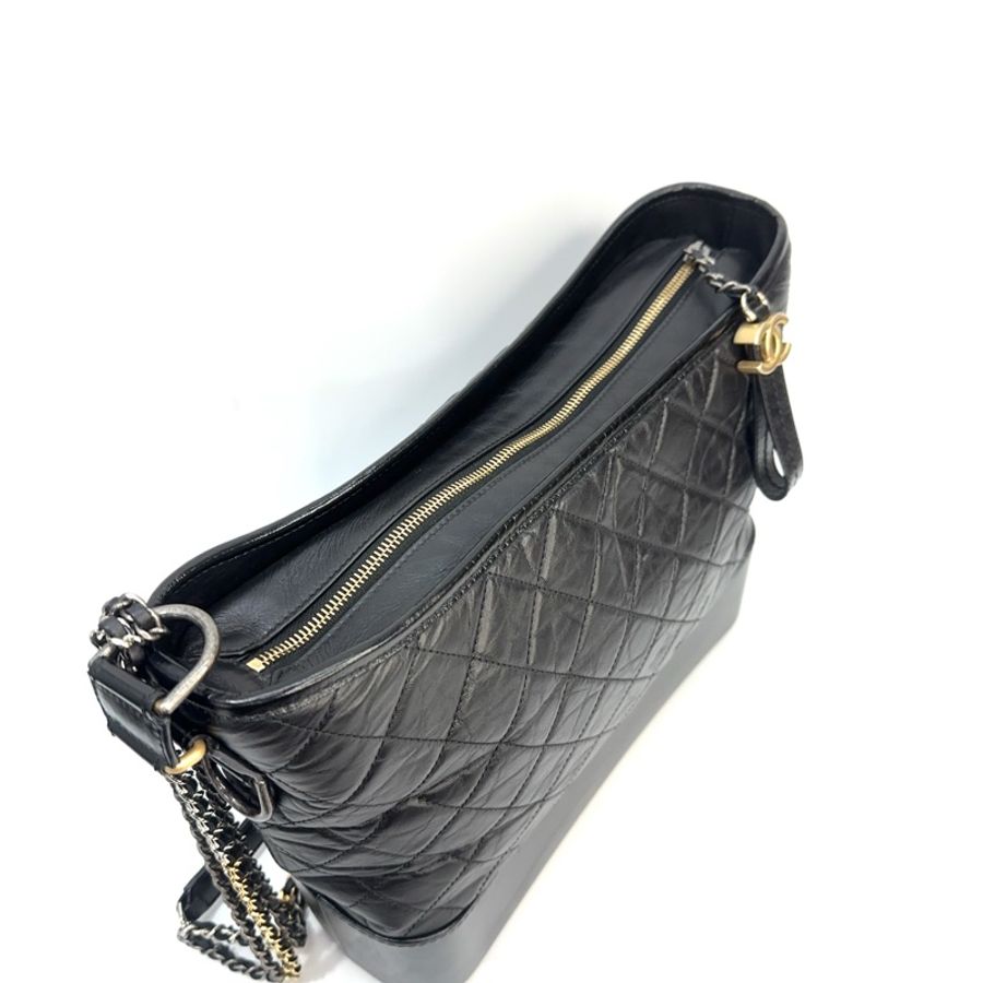 Chanel 黑牛皮菱格金釦流浪包大號-7