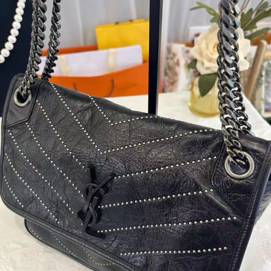 ✨YSL NIKI系列 黑銀鉚釘款中號鍊條包 21*16*7.5 98新 配件塵袋-5