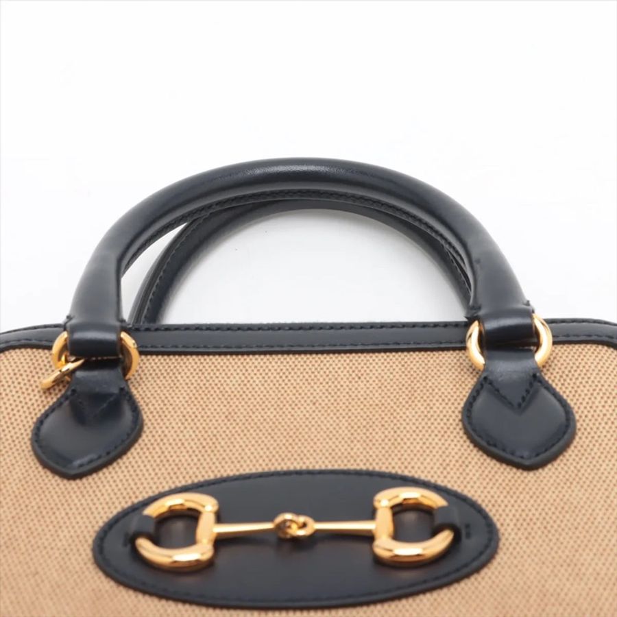 Gucci Horsebit 1955 navy x beige 2 Way Handbag 古馳皮拼布貝殼包-5