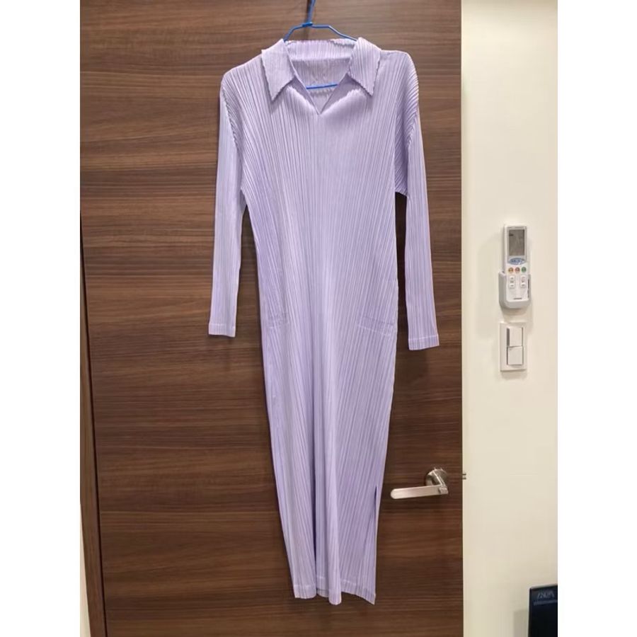三宅一生issey miyake 造型領 開衩 淡薰衣草淺紫色💜長裙-0