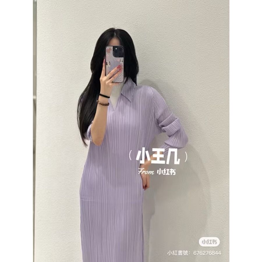 三宅一生issey miyake 造型領 開衩 淡薰衣草淺紫色💜長裙-3