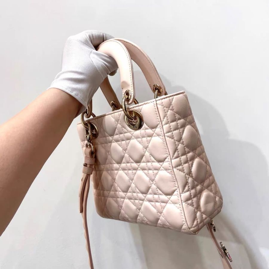 Dior 櫻花粉色 金扣 四格 徽章寬肩帶 四格 戴妃包-3