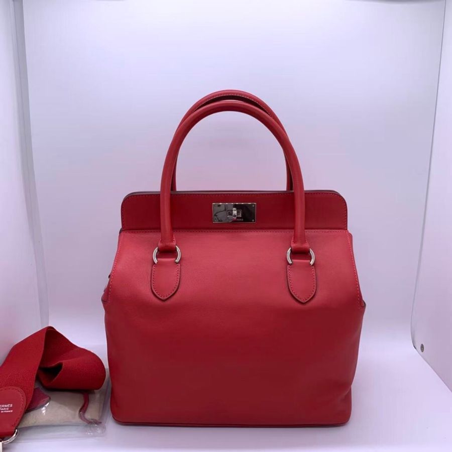 Hermes愛馬仕toolbox26牛奶盒子 手提單肩女包5e紅色swift皮銀扣P刻-6