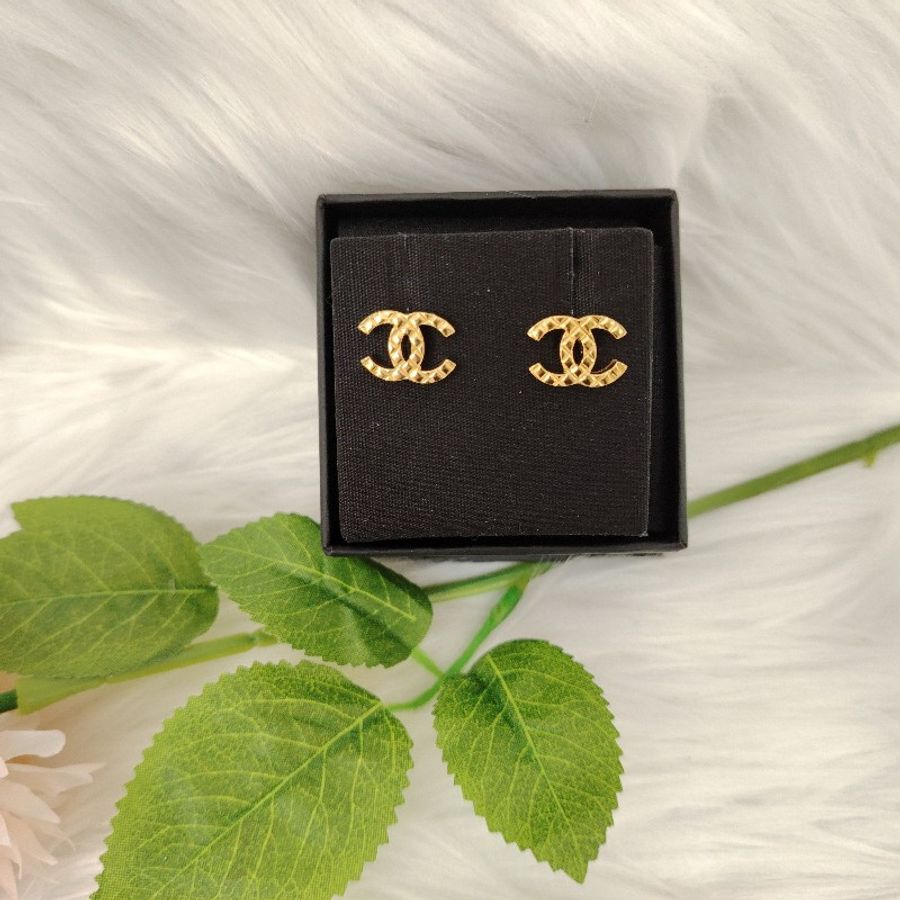 Chanel 香奈兒 金色格菱紋 雙C耳環-0