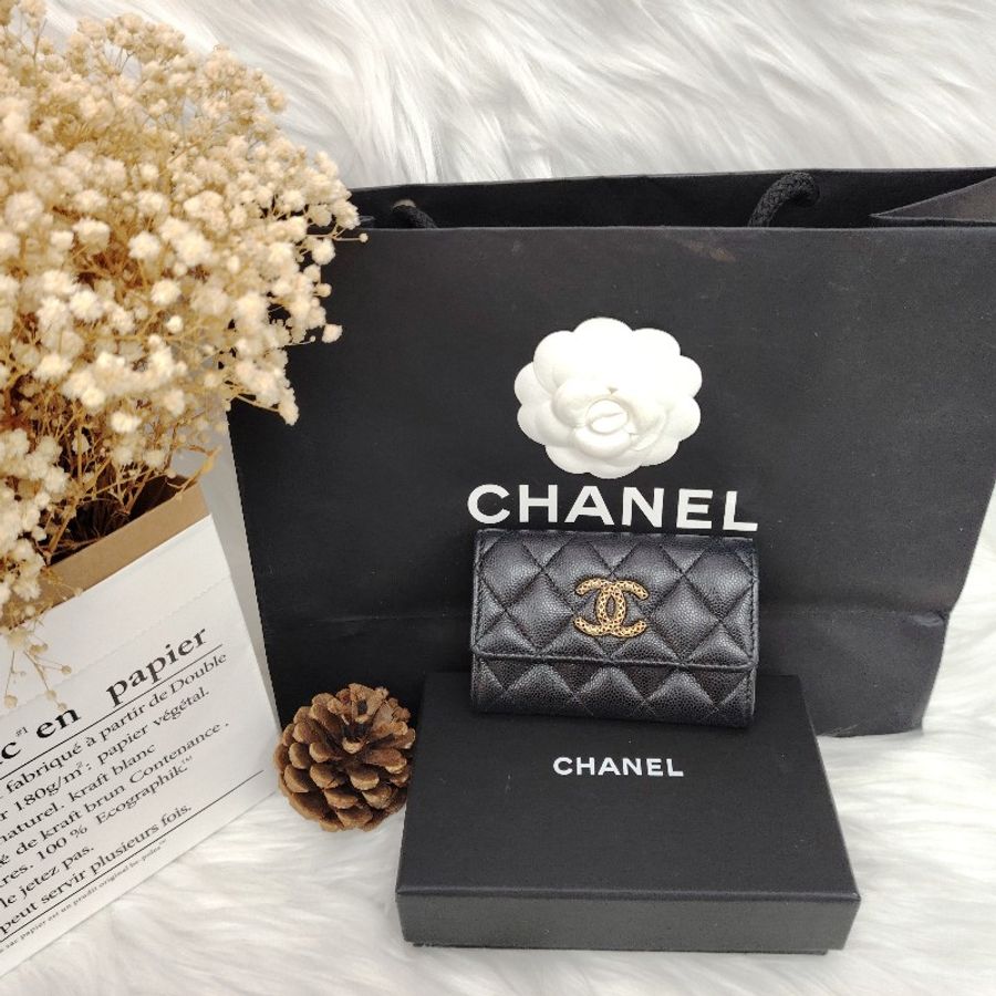 Chanel 鏤空Logo 錢包 黑色 菱格紋 荔枝牛皮-0