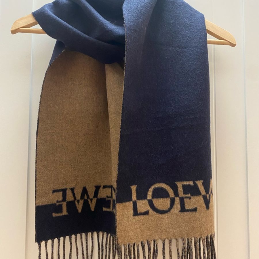 LOEWE 羊毛藍啡雙色圍巾 (全新)-6