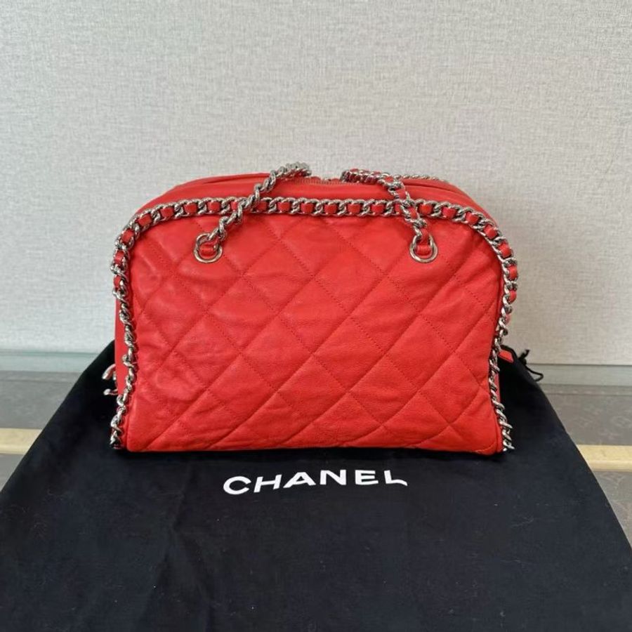 CHANEL 紅銀滾邊hobo機場鍊條包30*20*15 98新配件塵袋-3