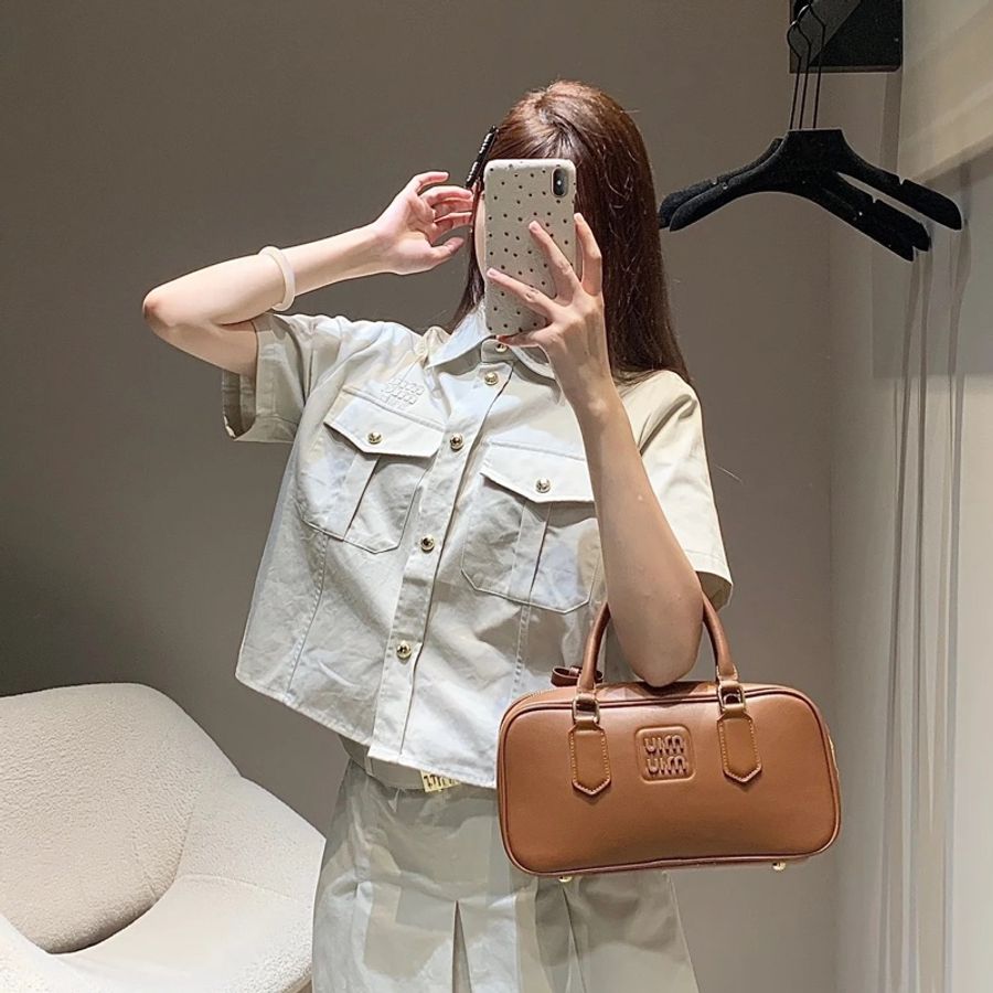 莉亞精品♡ Miumiu CW0726 米灰色logo短袖工裝襯衫S碼 #全新品-1