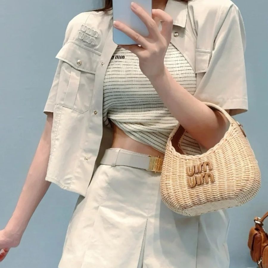 莉亞精品♡ Miumiu CW0726 米灰色logo短袖工裝襯衫S碼 #全新品-2