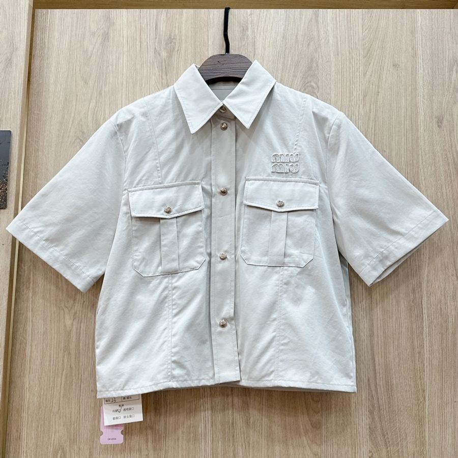 莉亞精品♡ Miumiu CW0726 米灰色logo短袖工裝襯衫S碼 #全新品-4