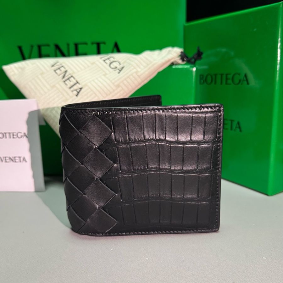 BV/Bottega Veneta/BV黑色短夾/鱷魚皮拼接小羊皮-4