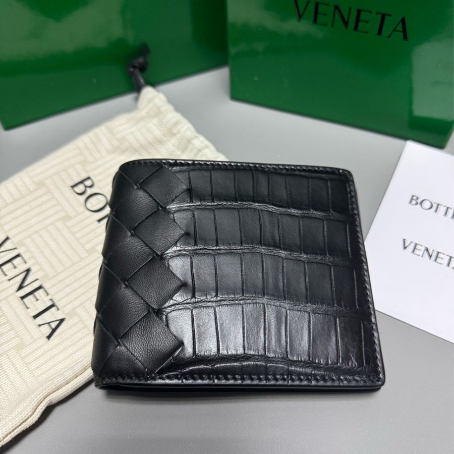 BV/Bottega Veneta/BV黑色短夾/鱷魚皮拼接小羊皮-7