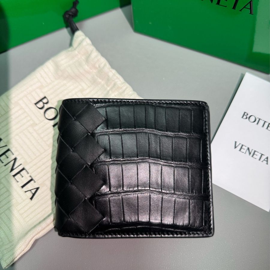 BV/Bottega Veneta/BV黑色短夾/鱷魚皮拼接小羊皮-8