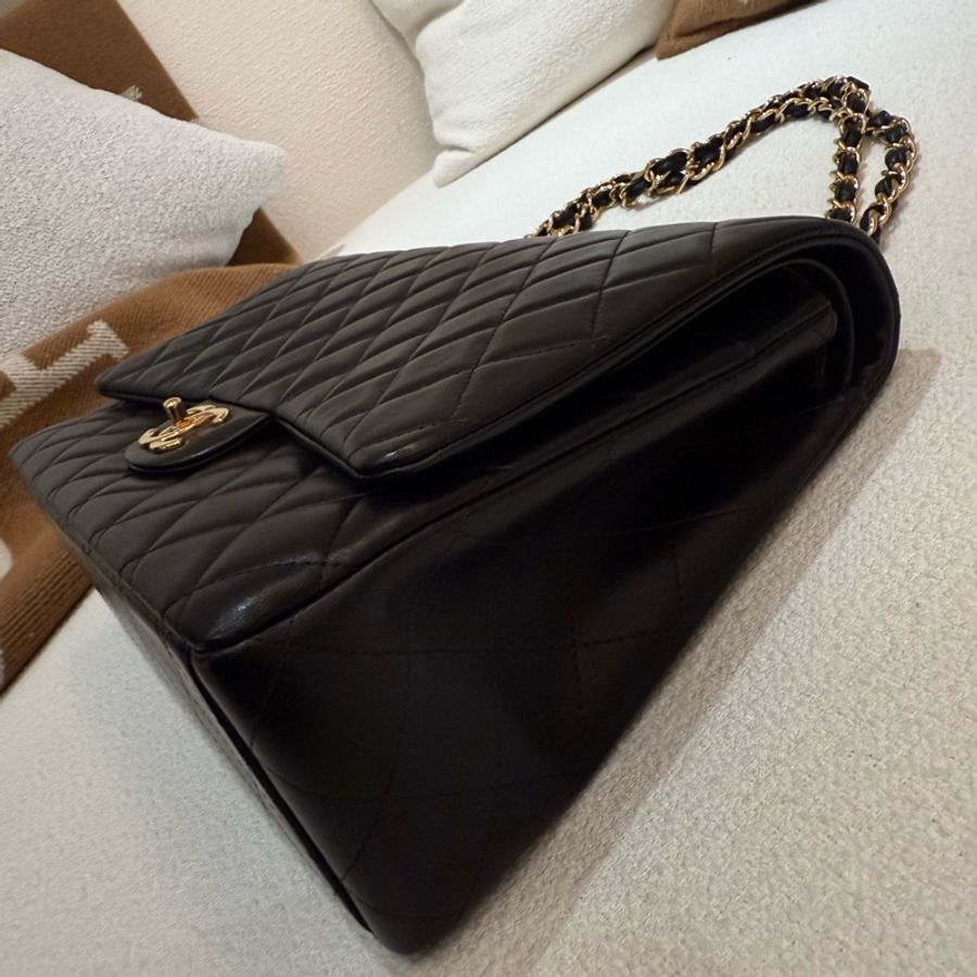 貝嫂大包CHANEL MAXI JIMBO COCO33黑色羊皮金釦肩背斜背包-10