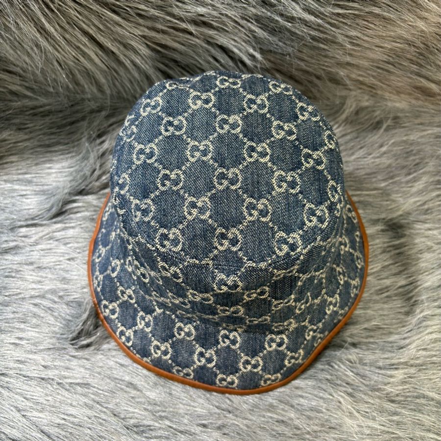 GUCCI 576371 GG LOGO 藍色緹花牛仔丹寧單寧布 皮革滾邊 帽子 遮陽帽 漁夫帽-1
