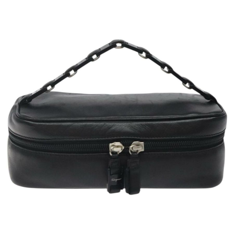 【日本直送】Salvatore Ferragamo 皮革化妝包 黑色 銀色 正品 125183-12