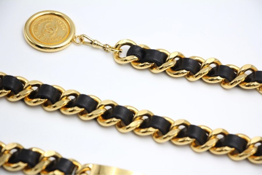 Chanel Vintage 80S黑金鍍金真皮腰鏈 (L78cm)-9