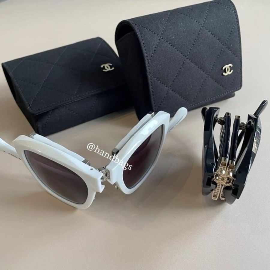 Chanel 白色折疊墨鏡 銀色水鑽 6055-B-6