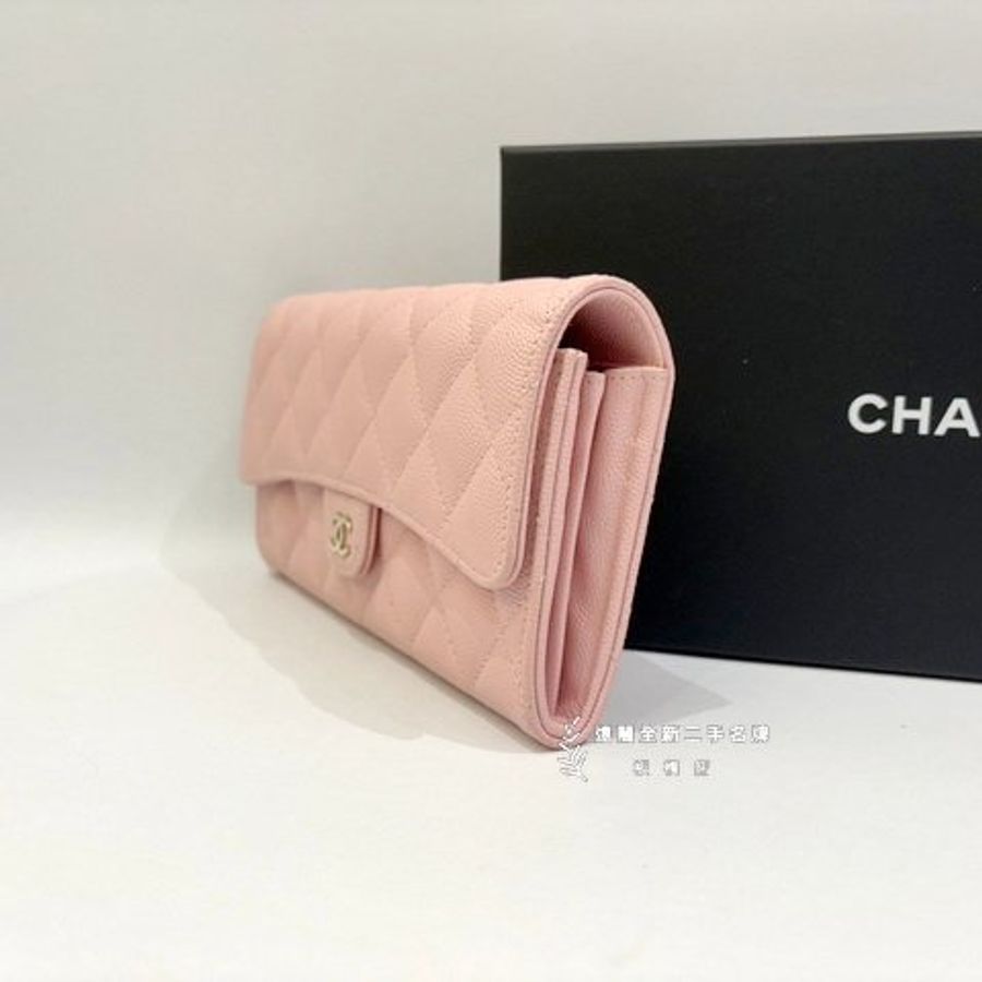 CHANEL 櫻花粉荔枝皮下蓋長夾AP0241-4