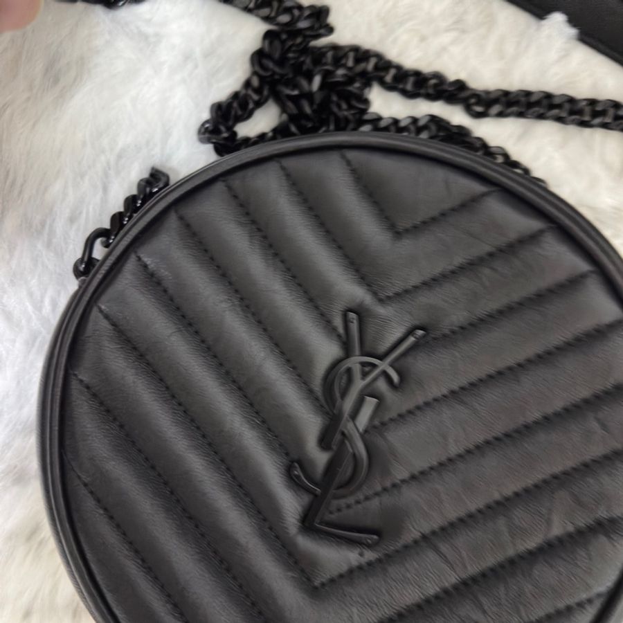 Saint Laurent 皮製黑色圓型拉鏈斜背包-直徑16.5公分-0