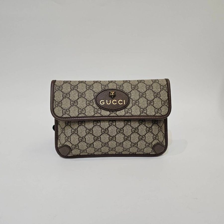 Gucci PVC咖牛皮邊磁吸釦虎頭綠紅綠織帶胸腰包-0