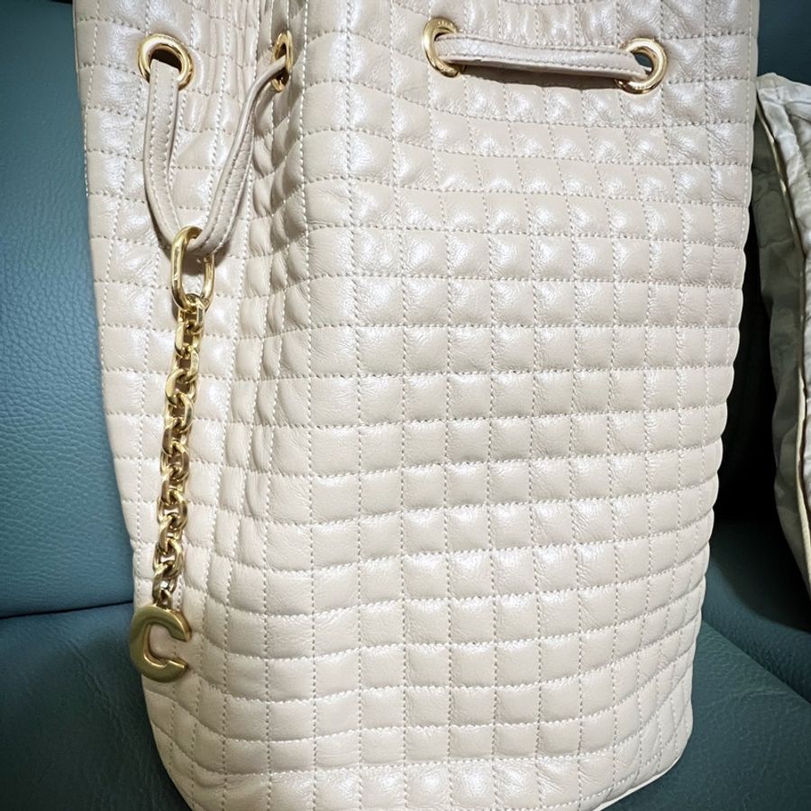 二手 CELINE C Charm 金屬logo壓印格紋水桶 後背包-0