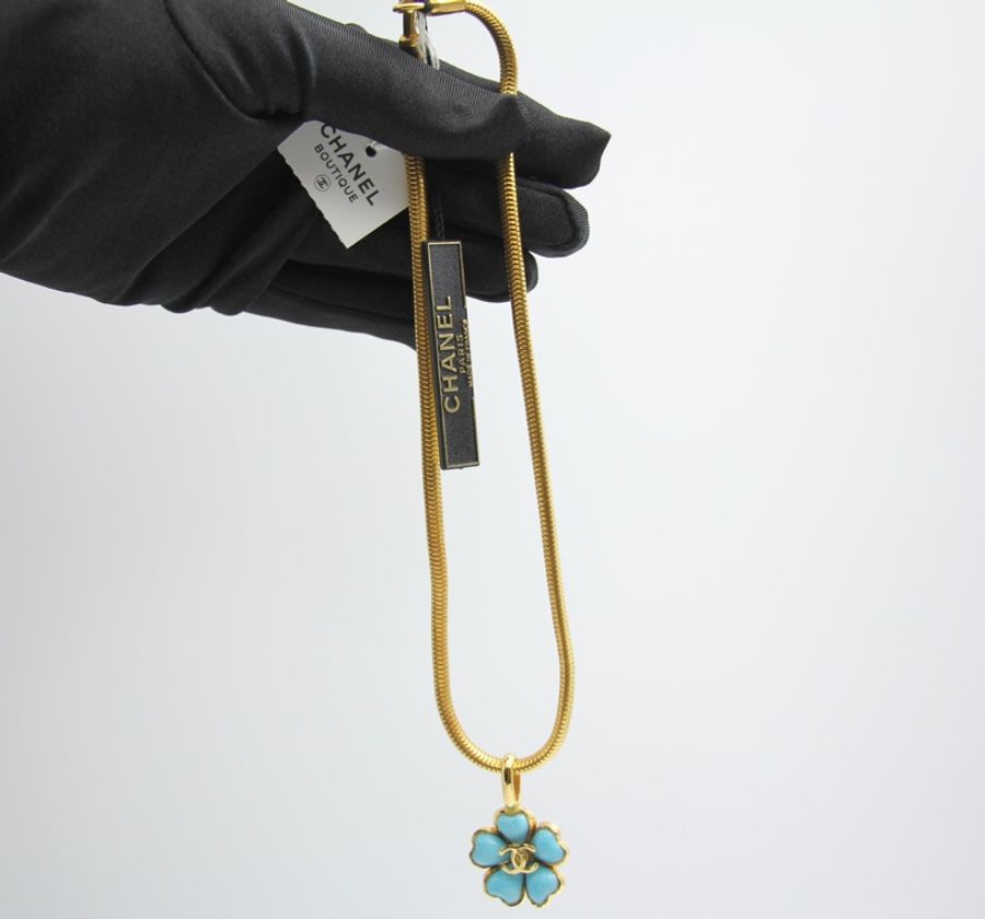 Chanel Vintage 97P琉璃藍色山茶花吊墜項鏈-2