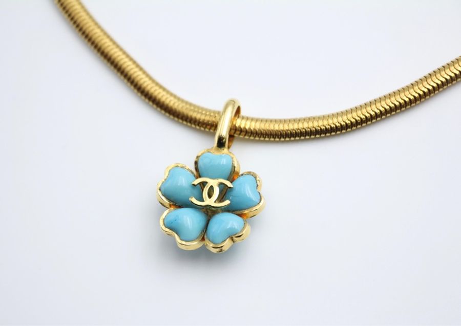 Chanel Vintage 97P琉璃藍色山茶花吊墜項鏈-3