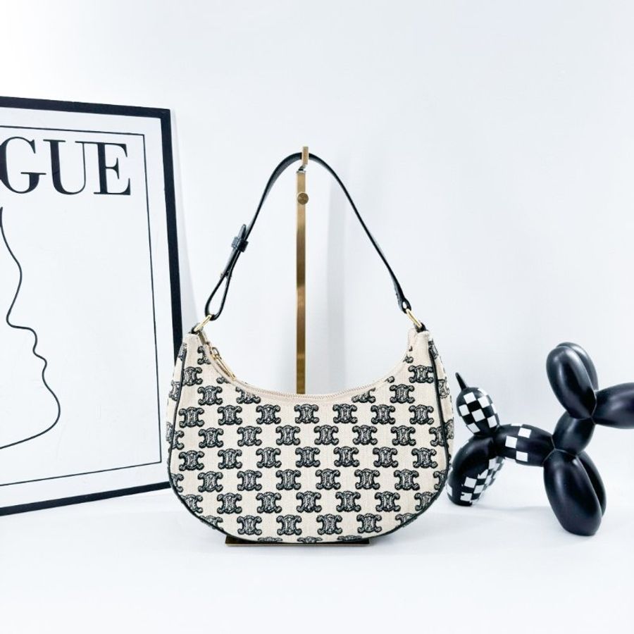 CELINE 白色/黑色金扣 Ava 腋下包 Canvas 帆布 M2159-11