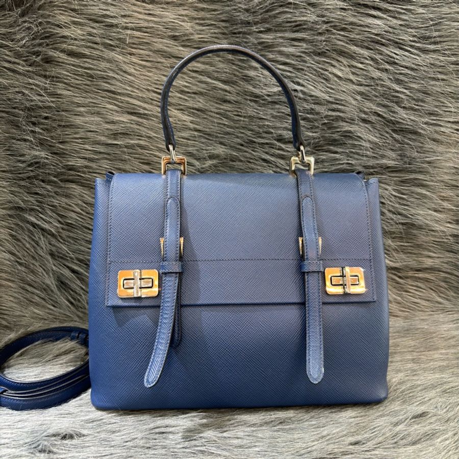 PRADA BN2821 深藍色牛皮 手提包殺手包公事包肩背包斜背包-0