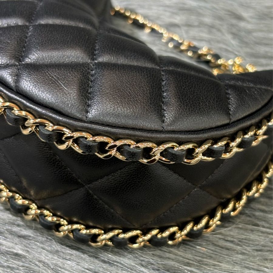 CHANEL AP3232 黑色羊皮 金鍊 肩背包彎月包牛角包半月包可頌包彎豆斜背包兩用包-13