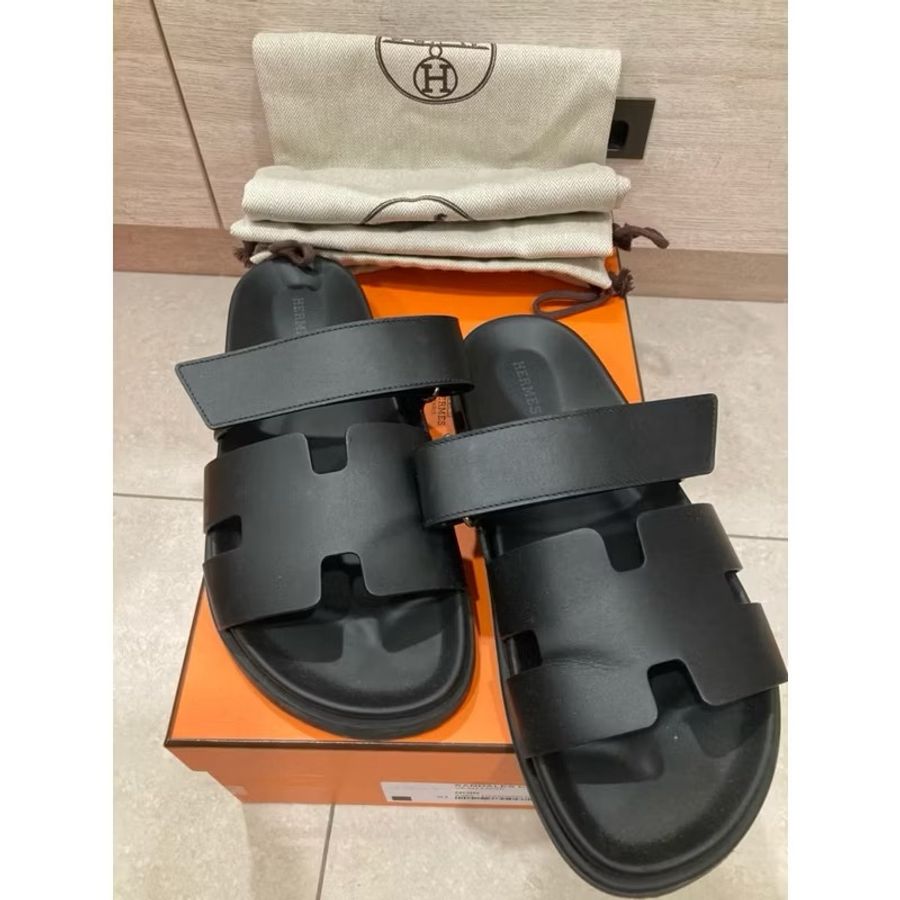 愛馬仕Hermes男版二舅涼鞋 拖鞋chypre 皮革 黑色 尺寸40.5二手商品-0