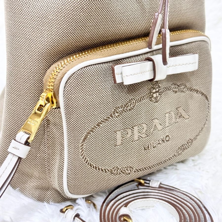 PRADA 緹花刺繡LOGO蝴蝶結設計帆布束口手提斜背水桶包-3