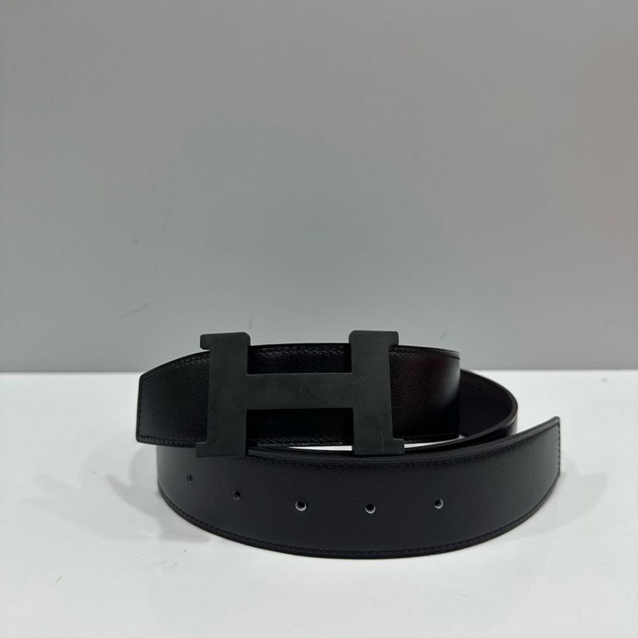 hermes 啞光黑BOX皮拼咖啡色TOGO皮 H字皮帶 100x3.5-0
