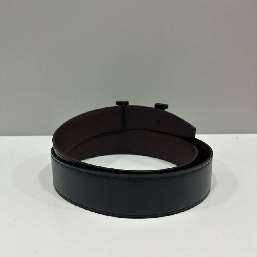 hermes 啞光黑BOX皮拼咖啡色TOGO皮 H字皮帶 100x3.5-3