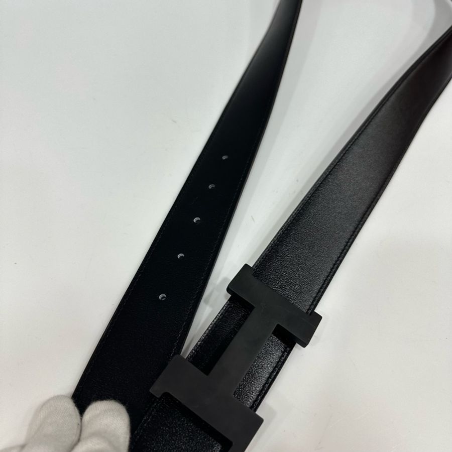 hermes 啞光黑BOX皮拼咖啡色TOGO皮 H字皮帶 100x3.5-9