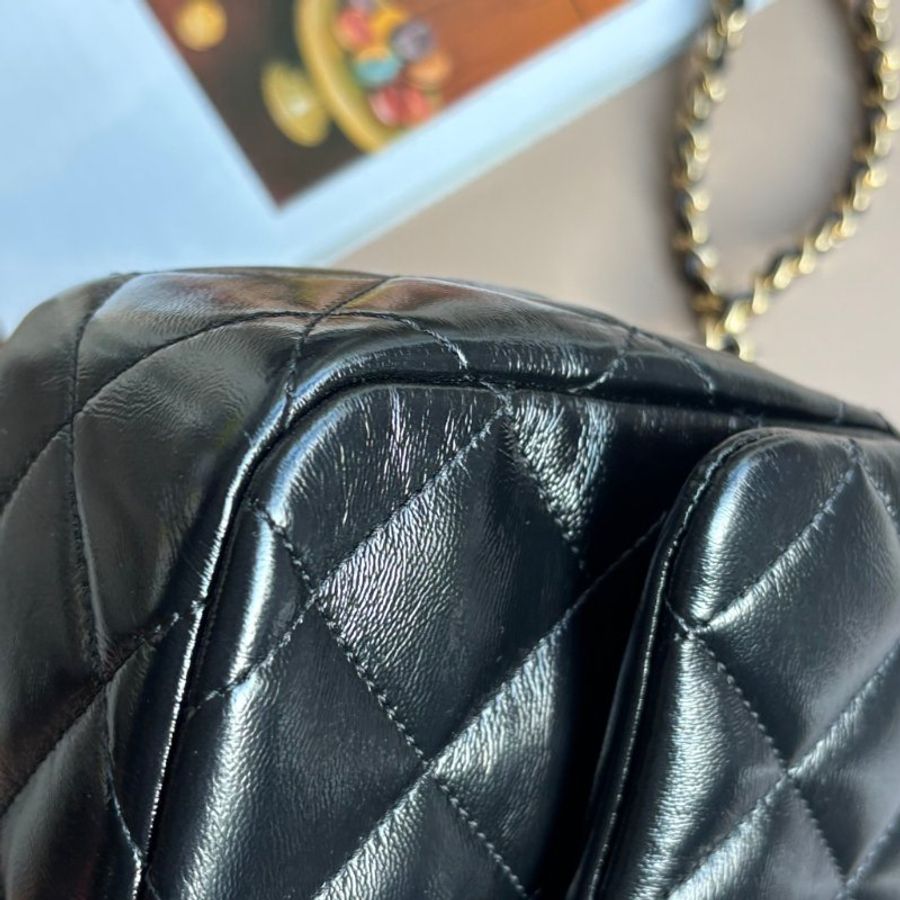 ::CHANEL:: AS5043黑色菱格亮牛皮金雙C金手提把斜背鏈包24-12