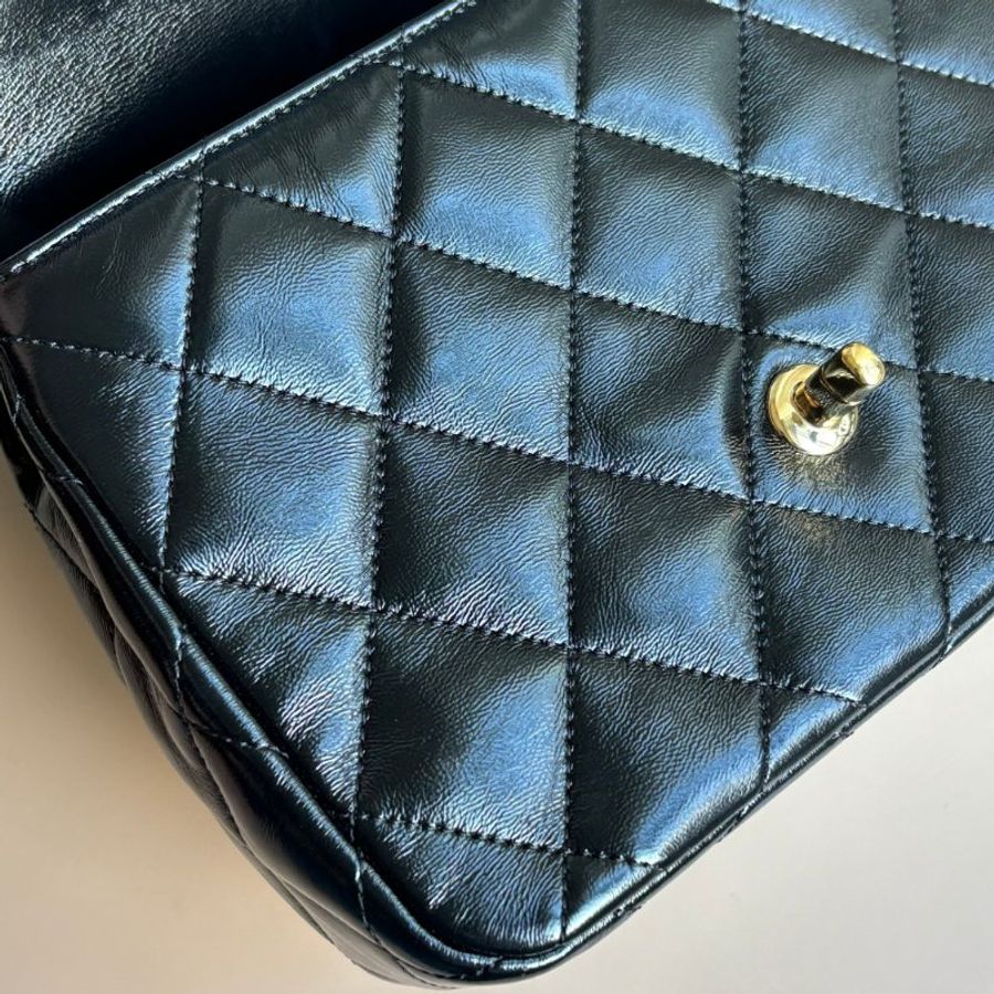 ::CHANEL:: AS5043黑色菱格亮牛皮金雙C金手提把斜背鏈包24-19