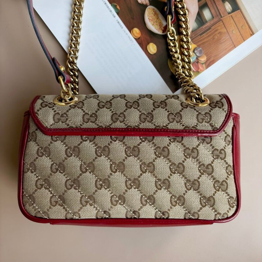 ::GUCCI:: 446744 GG緹花布拼接紅邊皮革金雙G MARMONT肩背斜背鏈包22-1