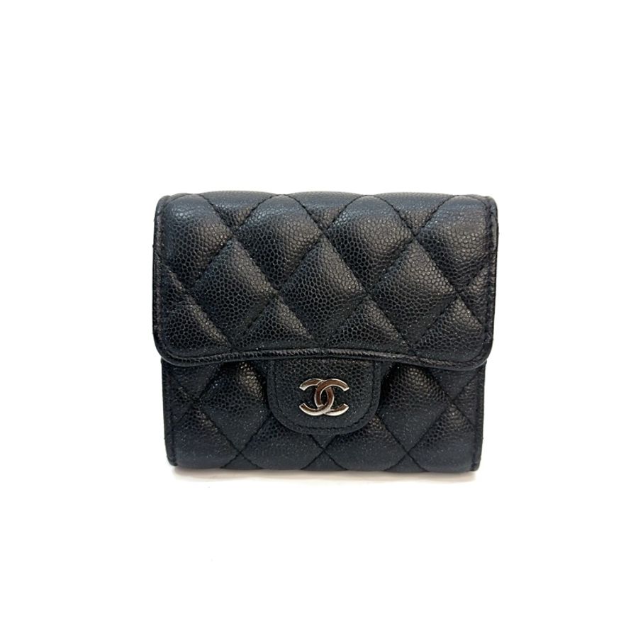 Chanel 黑荔枝皮銀釦三折短夾 A84029-0