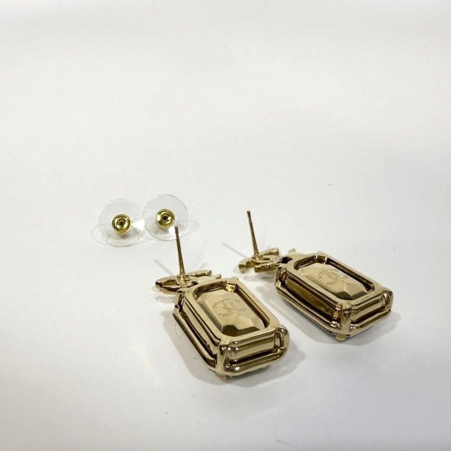 chanel 淡金雙C logo垂吊 黃藍毛呢方寶石針式耳環-5
