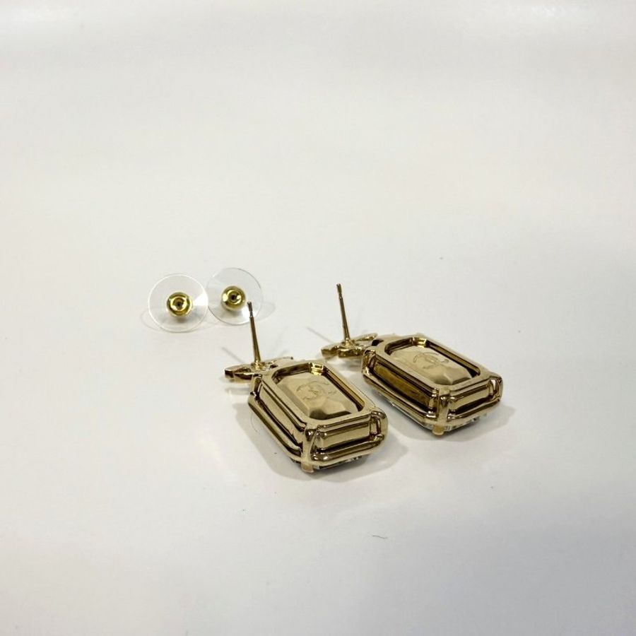 chanel 淡金雙C logo垂吊 黃藍毛呢方寶石針式耳環-6