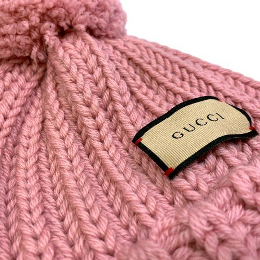 GUCCI 粉色造型毛球針織羊毛帽652656-4